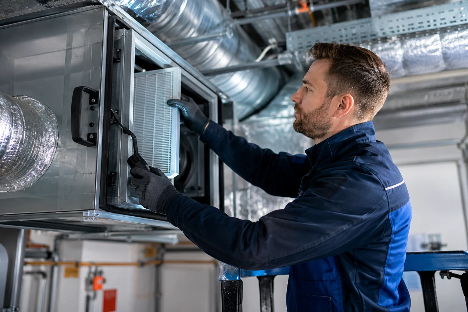 Techniker bei der Wartung und Sanierung einer modernen Lüftungsanlage in München